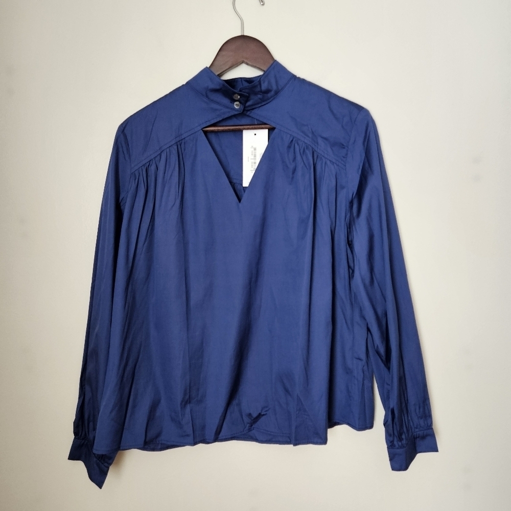 Harshman Blouse Maroon Keyhole Poplin Long Sleeve Midnight Blue Large Cotton